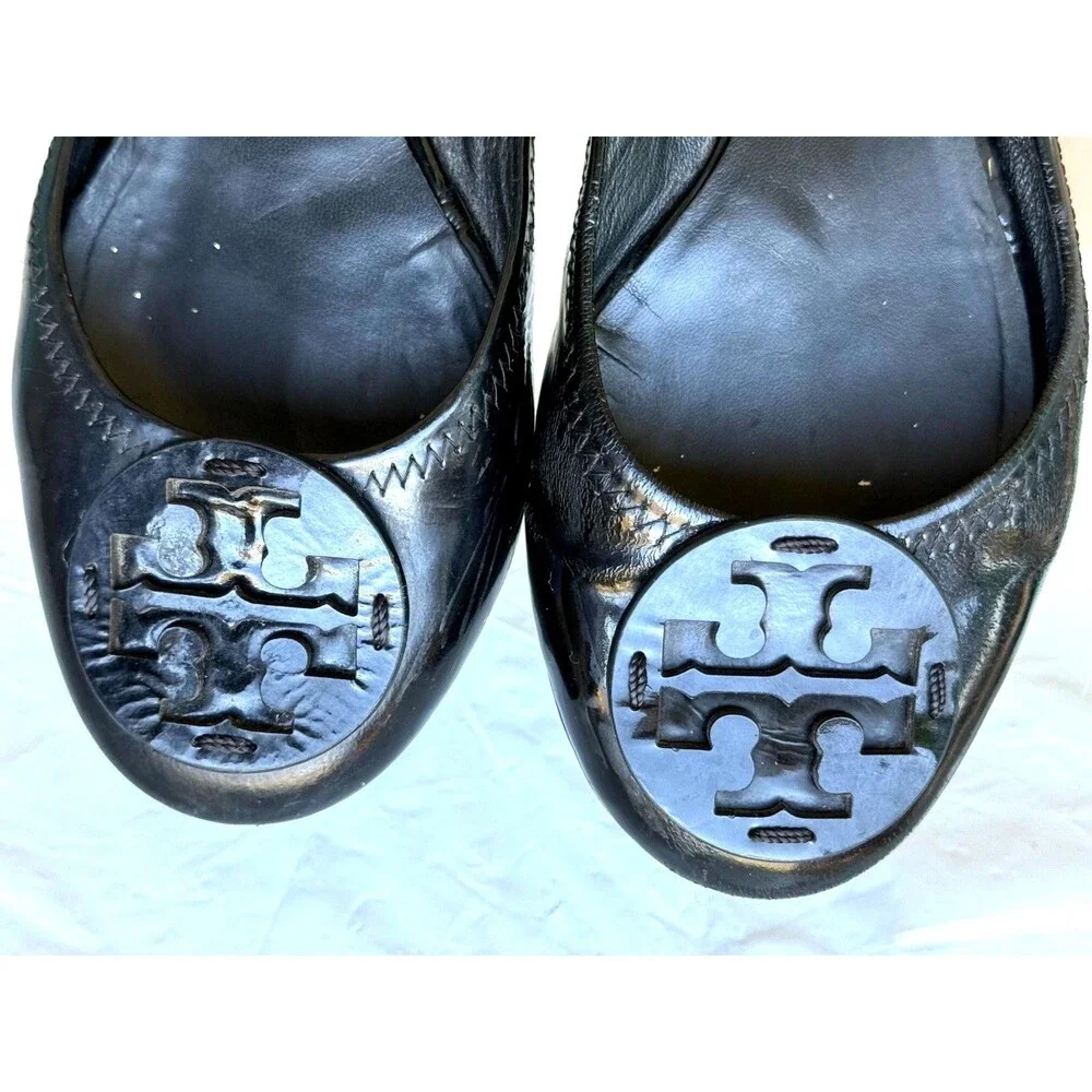 Tory Burch Reva Black Patent Leather  w/ Logo Travel Ballet Flats Shoes 7.5